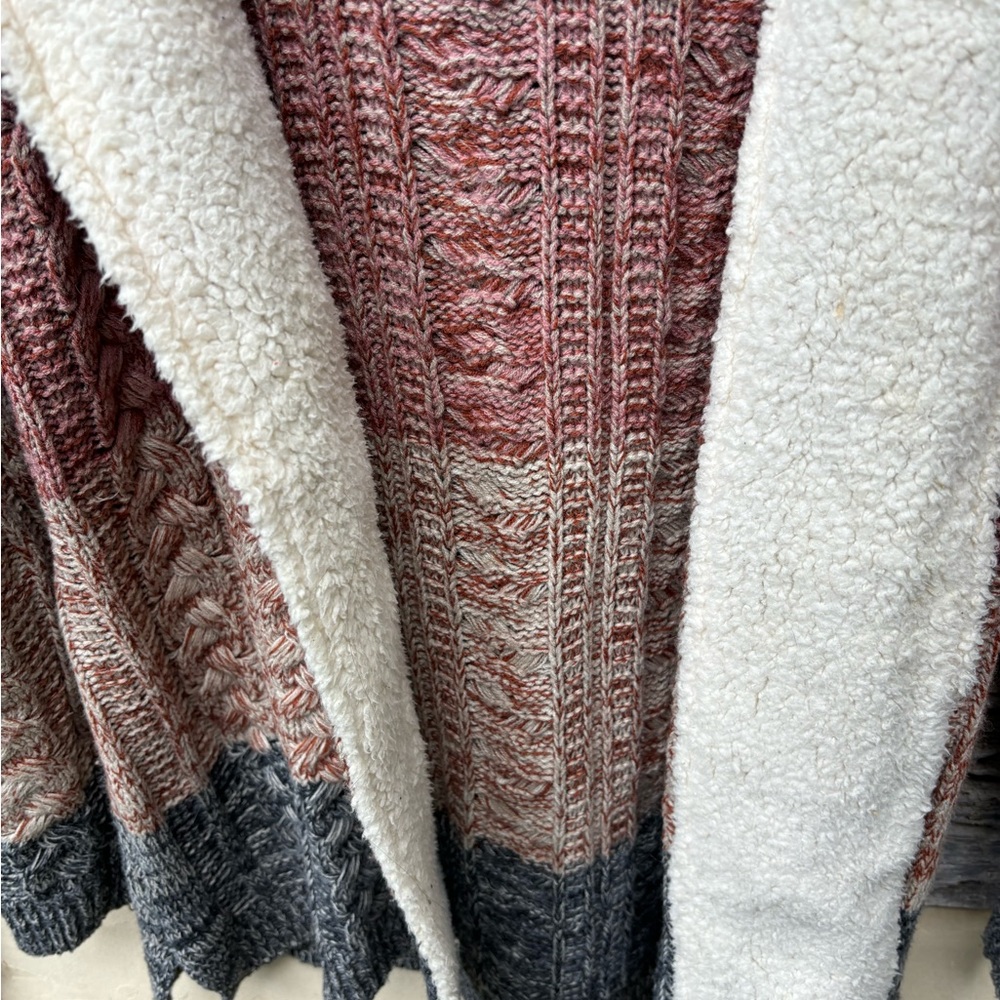 Lety & Me Cozy Multicolor Knit Sherpa Trim Open-Front Cardigan with Hoodie M - Picture 5 of 7